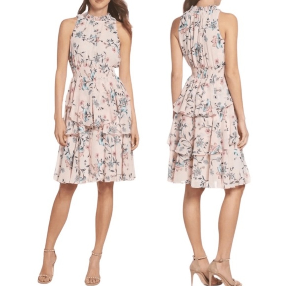 Eliza J Fairy Ruffle Dress Pink Blush Tiered Floral Sleeveless Smocked size 16